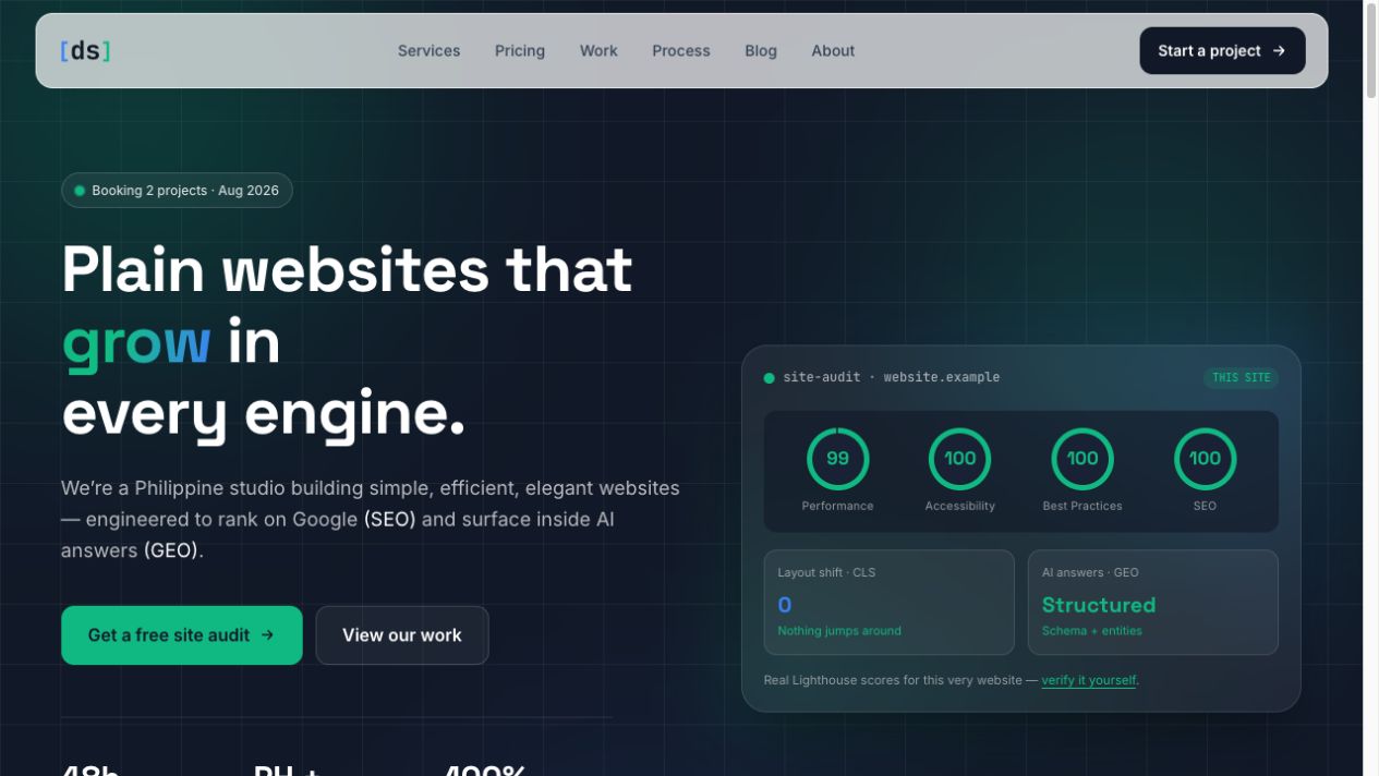 Anonymized digital services homepage with dark grid background and green accents
